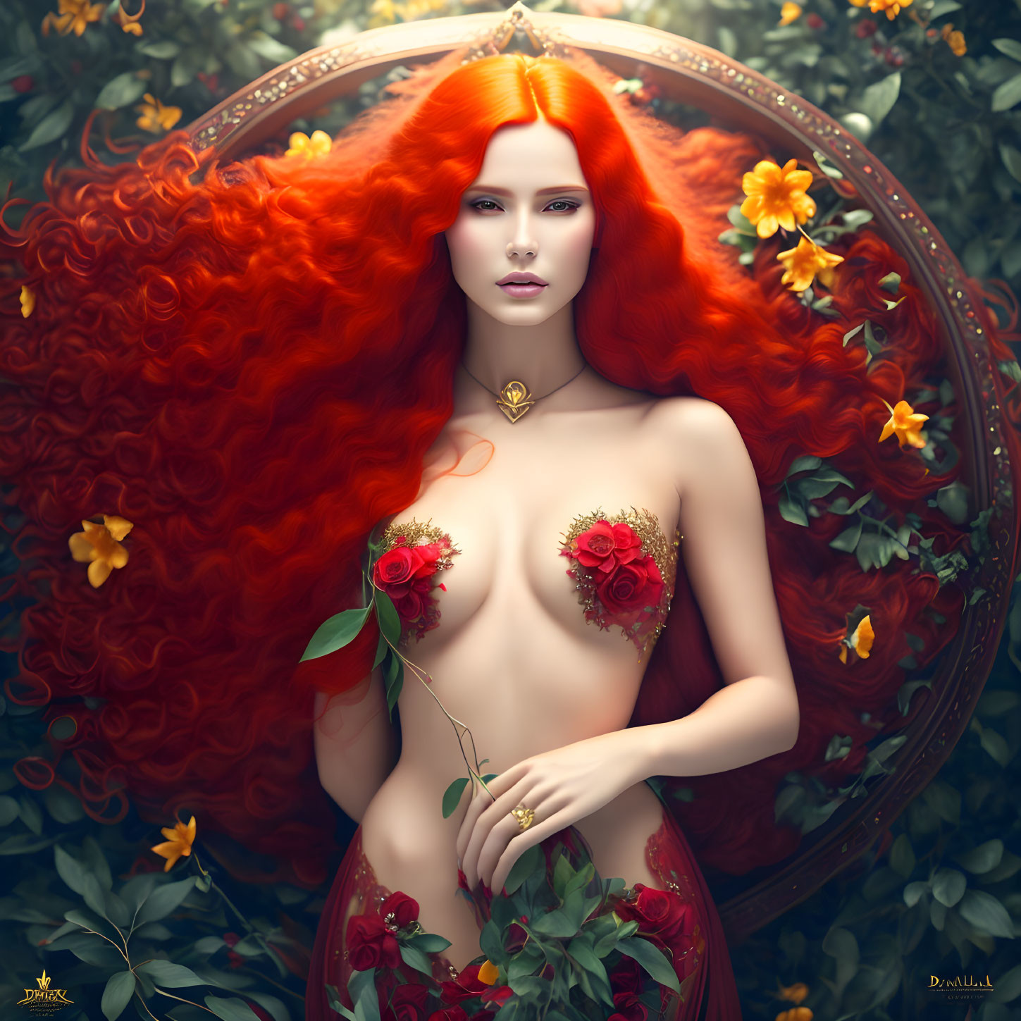 Digital artwork: Woman with vibrant red hair in lush greenery and orange flowers, holding a rose,