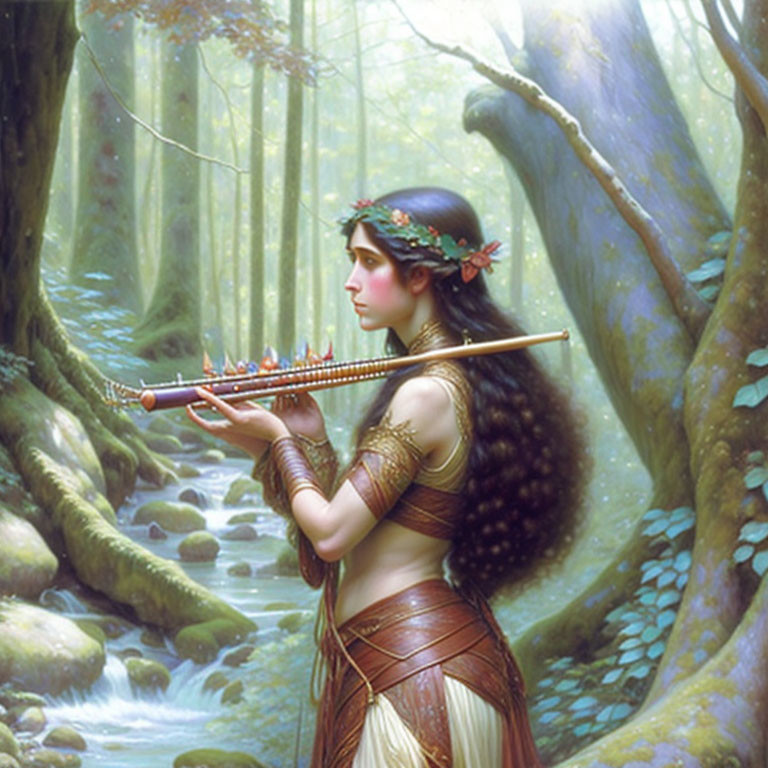 Ethereal female figure with floral crown playing flute in tranquil forest