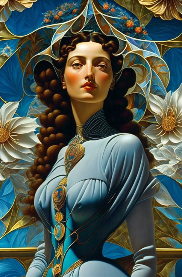 Illustrated portrait of a woman with stylized features and blue dress against golden patterns.