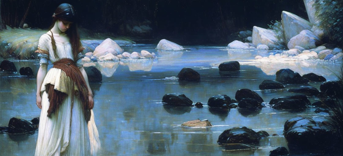 Serene painting of young woman by rocky river in white dress