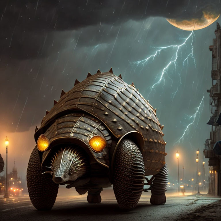 Fantasy armored vehicle resembling an armadillo under stormy sky with lightning and old buildings.