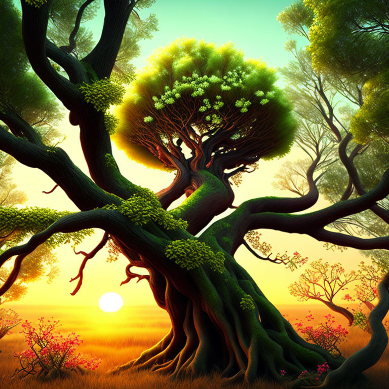 Colorful digital artwork: Twisted tree, green foliage, warm sunset