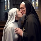 Animated nun and priest kissing in church setting.