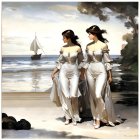 Vintage-dressed women stroll on beach with sailboat in background