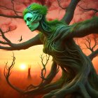 Green-skinned tree woman with leafy hair in cherry blossom setting at sunset