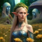 Elf woman with pointy ears in green floral crown and blue medieval dress among magical creatures in enchanted forest