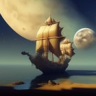 Sailing ship on desert under night sky with celestial bodies