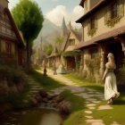 Medieval village scene with cottages, woman in gown, villagers, cobblestone bridge, stream