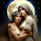 Two women embracing under a full moon in a mystical scene