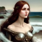 Fantasy artwork: Woman in ornate armor by ocean with castle and butterflies