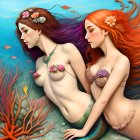 Stylized women with ornate mermaid tails in colorful aquatic scene