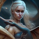 Fantasy illustration of woman with pale hair and blue eyes with three dragons in celestial scene