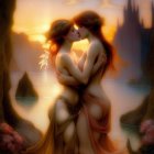 Ethereal figures with flowing hair embrace in golden landscape