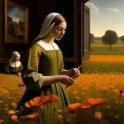 Woman in traditional dress painting in sunflower field with open window