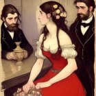 Portrait of woman in red dress with floral wreath, seated between two men in formal attire