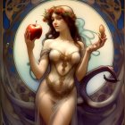 Woman with Floral Crown Holding Apple and Serpent: Mythical Illustration