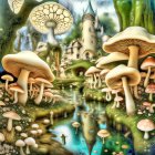 Fantasy mushroom village illustration with oversized fungi and castle by reflective water