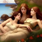 Three serene women by the sea with sailboat and flowers