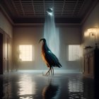 Colorful Bird on Iceberg in Flooded Room with Waterfall