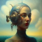 Surreal portrait of woman with cosmic fish creature in marine and celestial blend