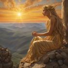 Golden-haired woman in ornate dress gazes at serene landscape at sunset