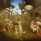 Fantasy scene with fairy-like figures, oversized mushrooms, lush landscape, huts, river, mountains