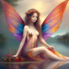 Ethereal fairy figure with vibrant wings in a serene garden