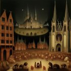 Surreal nightscape with gothic cathedrals, animals, and figures