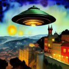 Colorful Artwork: UFO over European Townscape