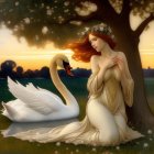 Ethereal women with braided hair and wreaths beside a swan under a tree at sunset