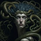 Medusa depiction with serpents, intense gaze, and ornate headpiece on dark backdrop