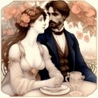 Victorian-era couple sharing intimate moment under blossoming branches