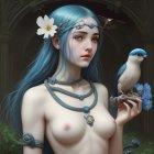 Blue-haired woman with flower, bird, butterfly, and jewelry portrait.