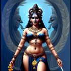 Detailed blue-skinned female figure with multiple arms and ornate headdress in mystical setting