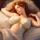 Red-haired woman sleeping on bed in cream gown with rose details under soft light