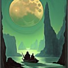 Alien river scene with boat, rock formations, moon, and green sky