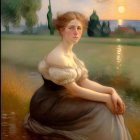 Woman in white blouse and dark skirt by water at sunset with golden sunlight.