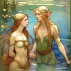 Ethereal women in golden headpieces and green dresses surrounded by water and flowers