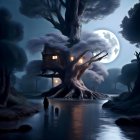 Twisted tree with treehouse in moonlit night landscape