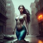 Mermaid with flowing hair in dystopian cityscape