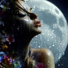 Woman with floral adornments under full moon.