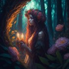 Mystical woman with floral crown in enchanted forest surrounded by glowing flowers and fireflies