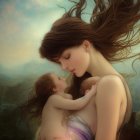 Tranquil painting of woman and child with waterfall backdrop