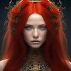 Vibrant red hair woman portrait with floral wreath and gold choker on dark background