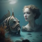 Woman and large fish in serene underwater scene