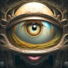 Detailed close-up: surreal landscape reflected in an eye