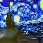 Colorful Swirling Skies and Bright Stars Over Quaint Village