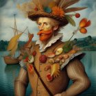 Man portrait made of fruits and plants with ornate hat and staff in serene landscape