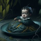 Surreal painting: Baby on blue cushion with golden lotus flowers