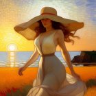 Woman in flowing dress and hat in orange flower field at sunset